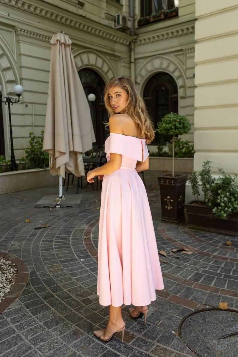 Pink Wedding Guest Dress Pink Cocktail Elegant Midi Dress Open Shoulder